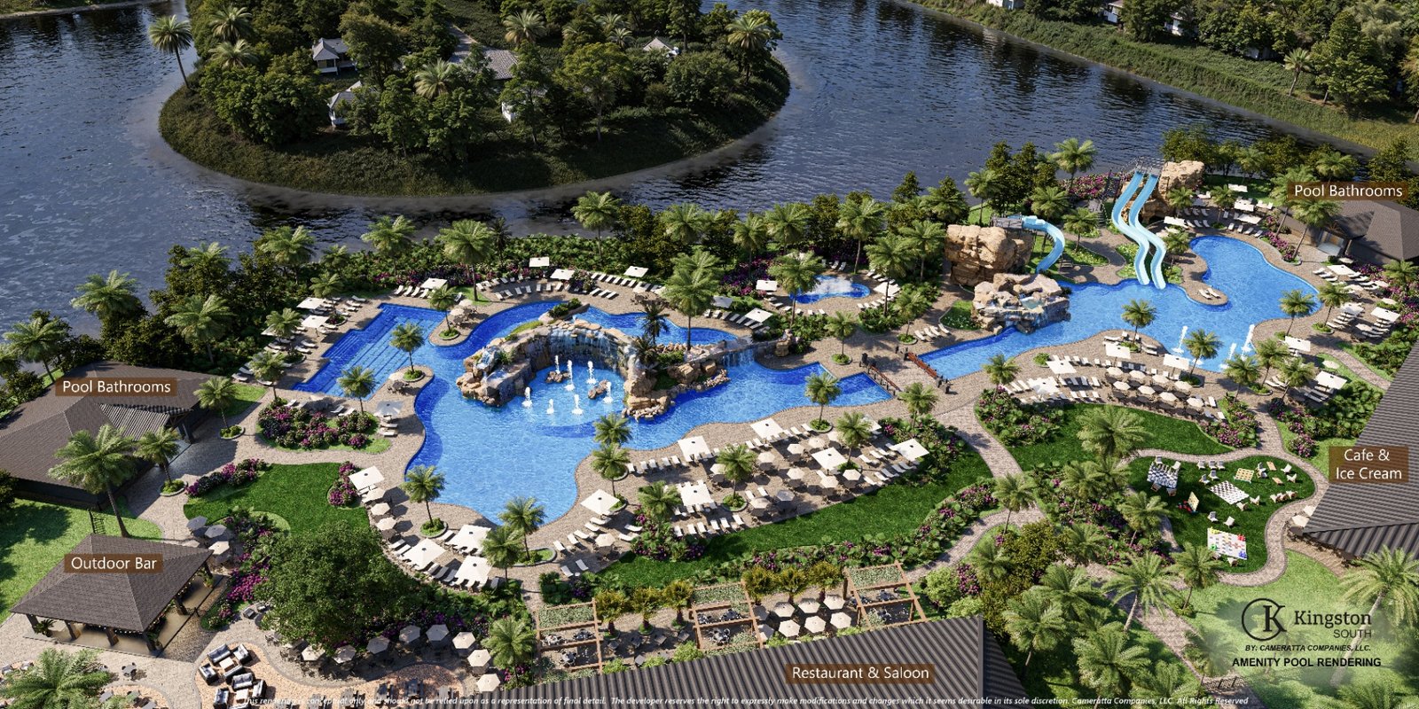 Rendering of the resort-style pool with waterfalls and slides at Kingston South, Estero