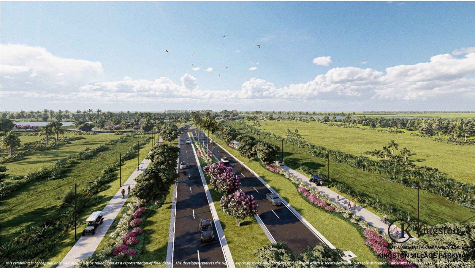 Rendering of Kingston Village Parkway showing golf cart connectivity through the community